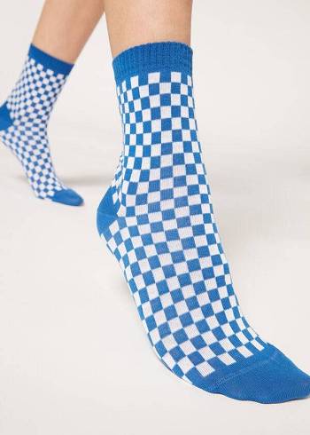 Calzedonia Checkered Pattern Kort Sokken Dames Blauw | NL1826OR