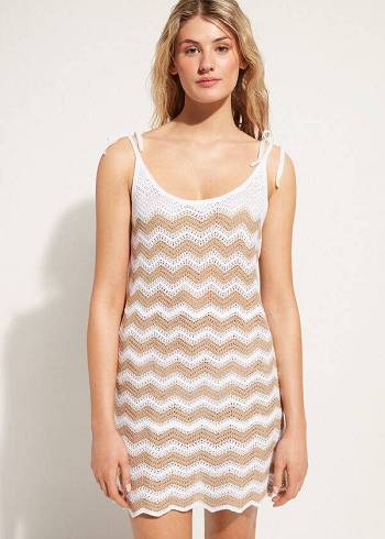 Calzedonia Crochet Jurken with Chevron Motif Cover-ups Dames Wit Beige | NL2119HK