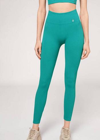 Calzedonia Fine Geribbeld Seamless Sport Leggings Dames Turquoise | NL1545FM