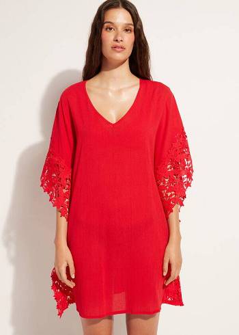 Calzedonia Floral Macramé Kanten Caftan Cover-ups Dames Rood | NL2111IS