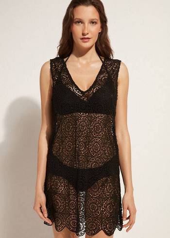 Calzedonia Geometric Crochet Jurken Cover-ups Dames Zwart | NL2109YU