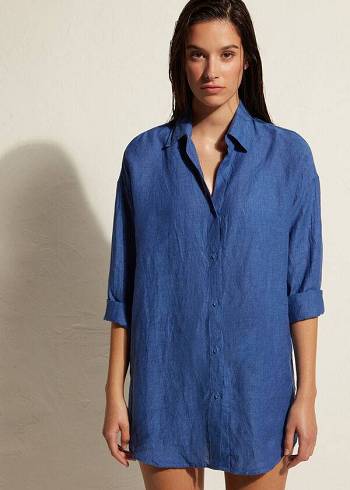 Calzedonia Linen Shirt Cover-ups Dames Blauw | NL2100VD