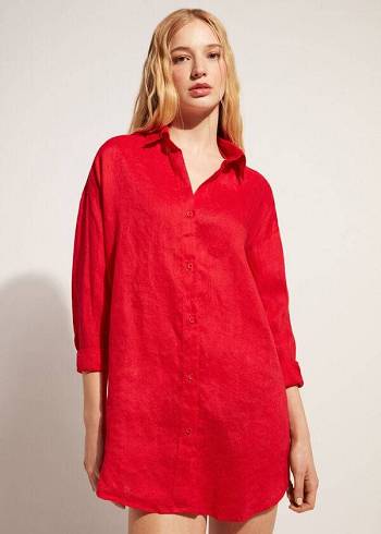 Calzedonia Linen Shirt Cover-ups Dames Rood | NL2096LH