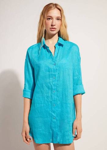 Calzedonia Linen Shirt Cover-ups Dames Turquoise Groen | NL2097ZG