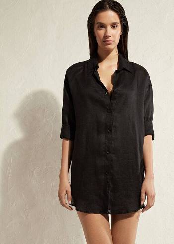 Calzedonia Linen Shirt Cover-ups Dames Zwart | NL2099CE