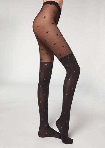 Calzedonia Longuette-Effect Mini Heart-Motif Patterned Hardloopbroek Dames Zwart | NL3080EX