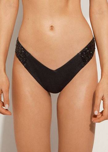 Calzedonia Sequined High-Cut Brazilian Cannes Cheeky Bikinibroekjes Dames Zwart | NL2646AP