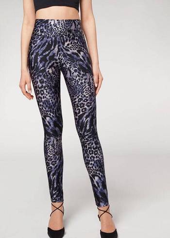 Calzedonia Shiny Animal-Print Atletische Leggings Dames Blauw Grijs | NL1511YU