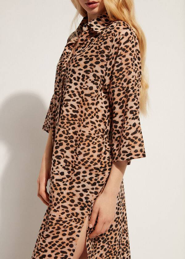 Calzedonia Animal Patterned Midi Shirt Cover-ups Dames Bruin | NL2124XF