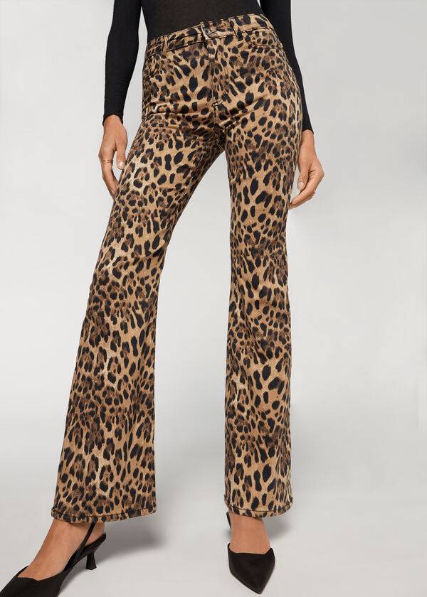 Calzedonia Animal Print Flared Broek Dames Bruin | NL1478NB