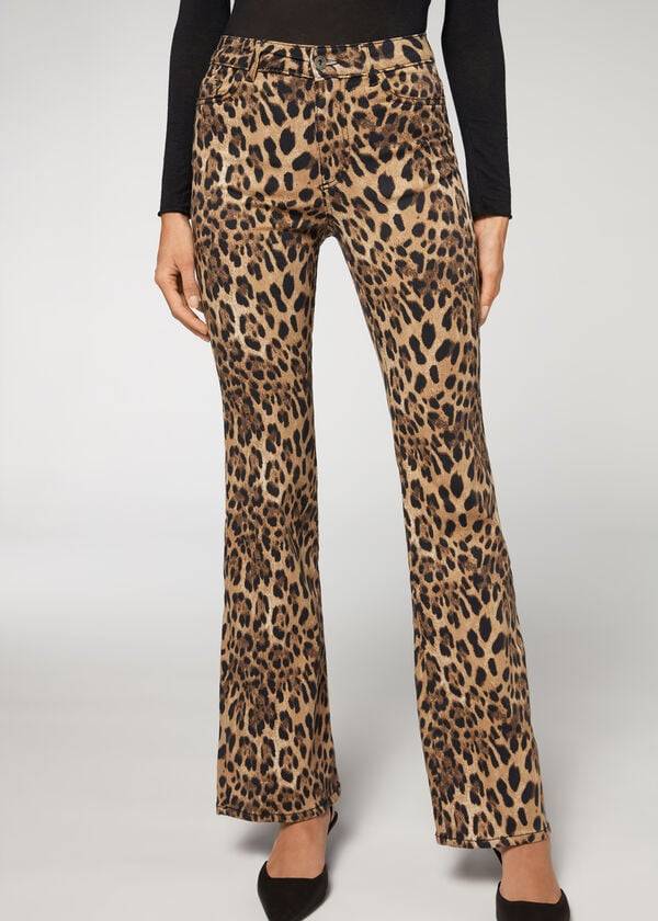 Calzedonia Animal Print Flared Broek Dames Bruin | NL1478NB