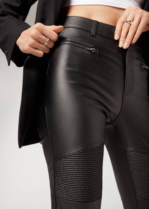 Calzedonia Coated Mager Biker Broek Dames Zwart | NL1470JJ