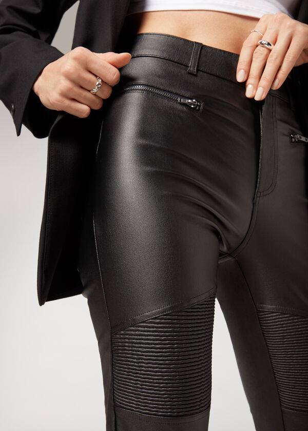 Calzedonia Coated Mager Biker Leggings Dames Zwart | NL1562TV