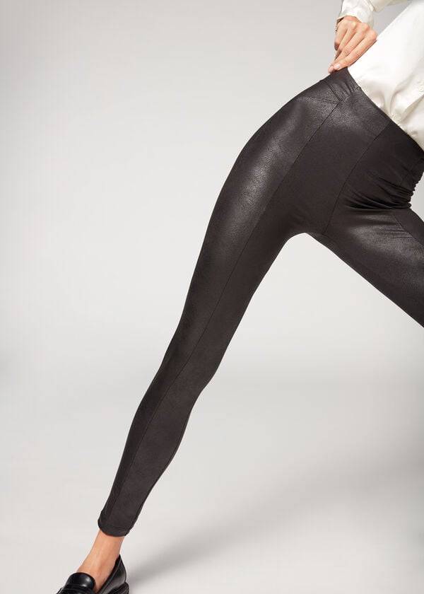 Calzedonia Coated Total Shaper Biker Leggings Dames Zwart | NL1557MA