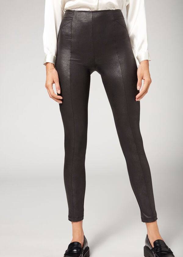 Calzedonia Coated Total Shaper Biker Leggings Dames Zwart | NL1557MA