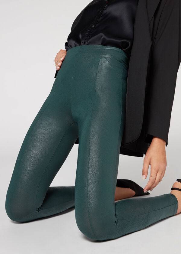 Calzedonia Coated Total Shaper Biker Leggings Dames Groen | NL1558QZ