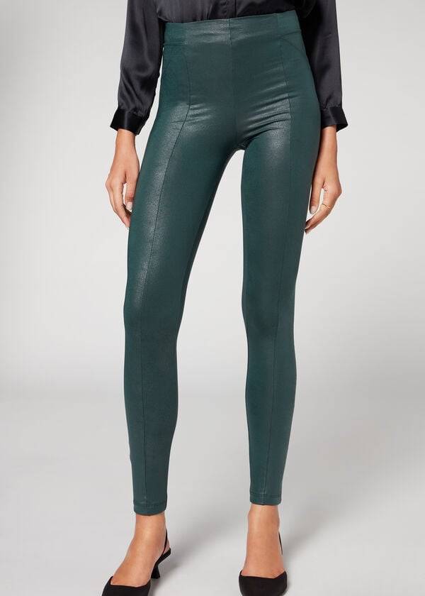 Calzedonia Coated Total Shaper Biker Leggings Dames Groen | NL1558QZ