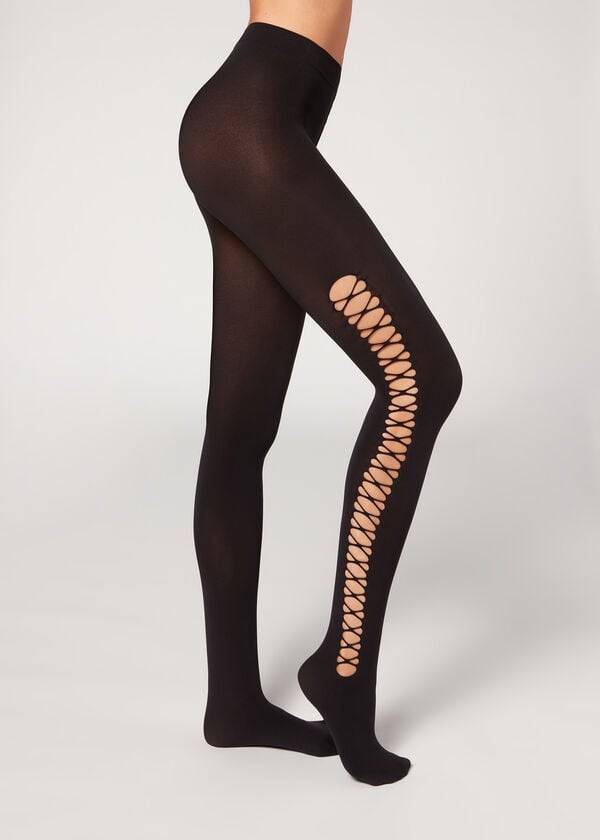 Calzedonia Crisscross Cut-Out Opaque 90 Denier Patterned Hardloopbroek Dames Zwart | NL3101IS