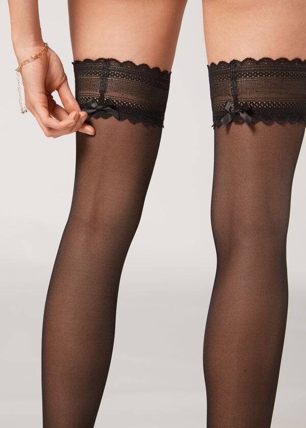 Calzedonia Crochet 40 Denier Sheer Thigh Highs Kousen Dames Zwart | NL2929SO