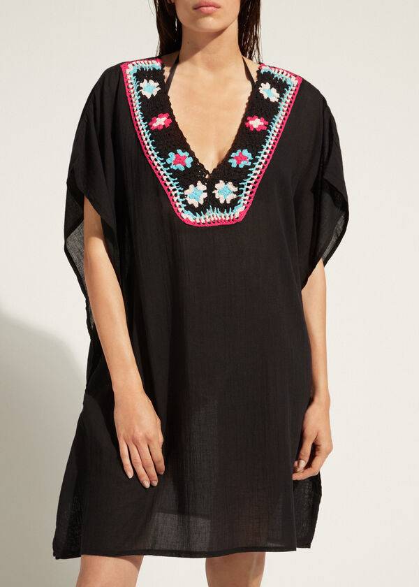 Calzedonia Crochet Neckline Kaftan Cover-ups Dames Zwart | NL2117FM