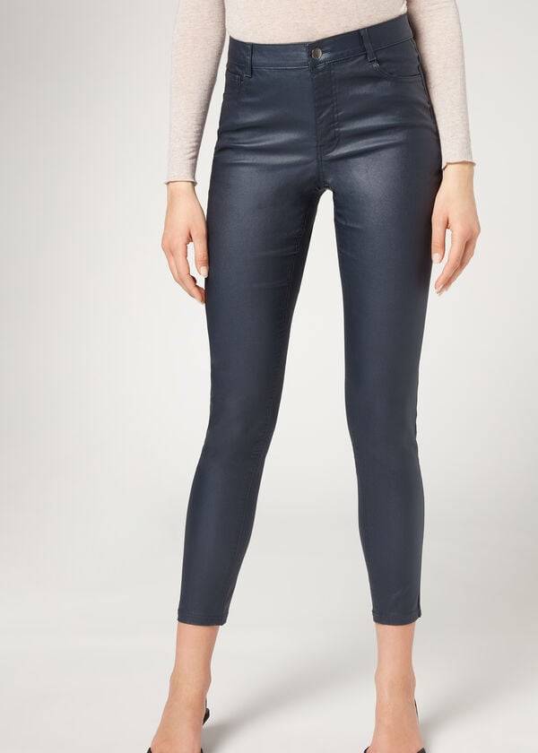 Calzedonia Faux Leren Mager Jeans Dames Donkerblauw Blauw | NL1600JJ