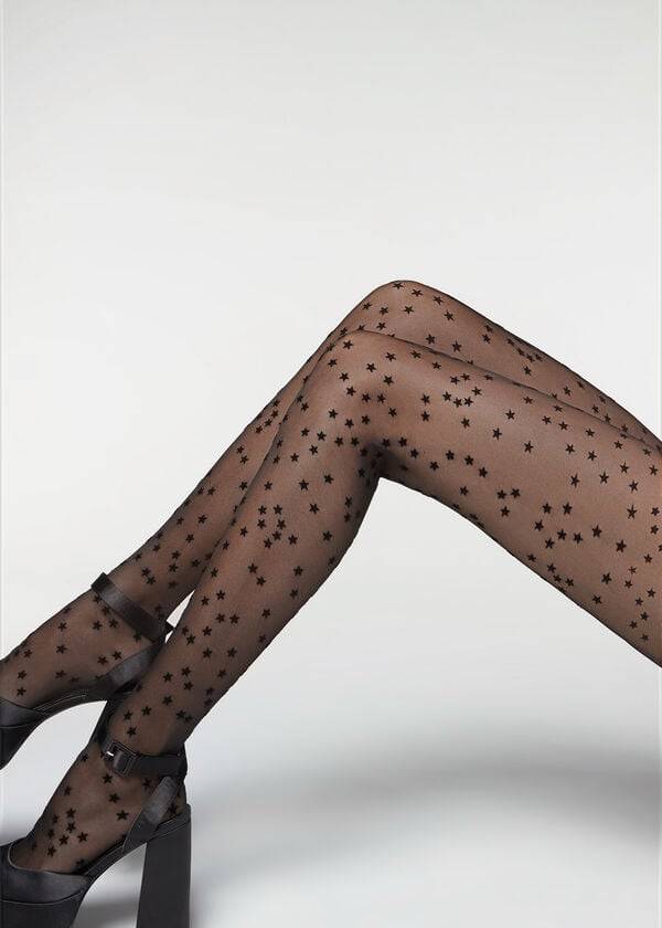 Calzedonia Flocked Stars 30 Denier Sheer Hardloopbroek Dames Zwart | NL2967MA