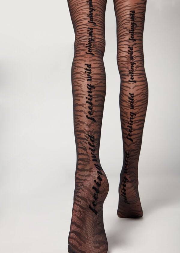 Calzedonia Flocked Tiger Text 50 Denier Patterned Hardloopbroek Dames Zwart | NL3094GL