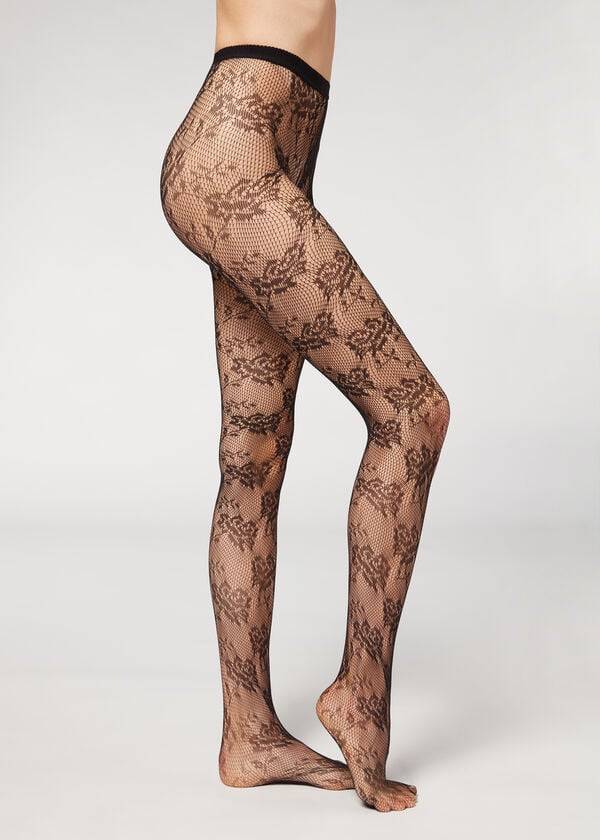 Calzedonia Floral Kanten-Motif Fishnet Patterned Hardloopbroek Dames Zwart | NL3092JJ