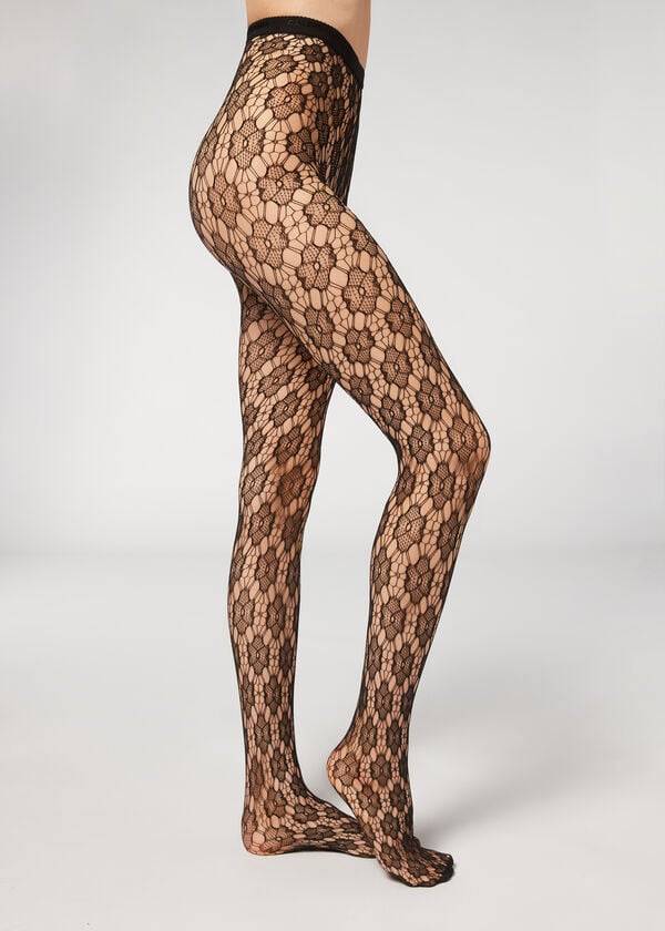 Calzedonia Floral-Motif Fishnet Patterned Hardloopbroek Dames Zwart | NL3090LH