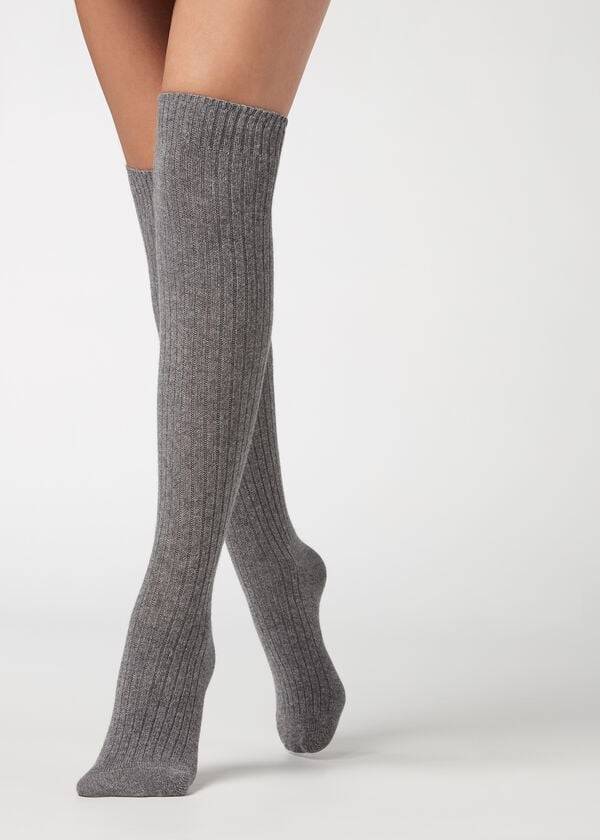 Calzedonia Geribbeld Long with Wol and Cashmere Sokken Dames Grijs | NL1936GL