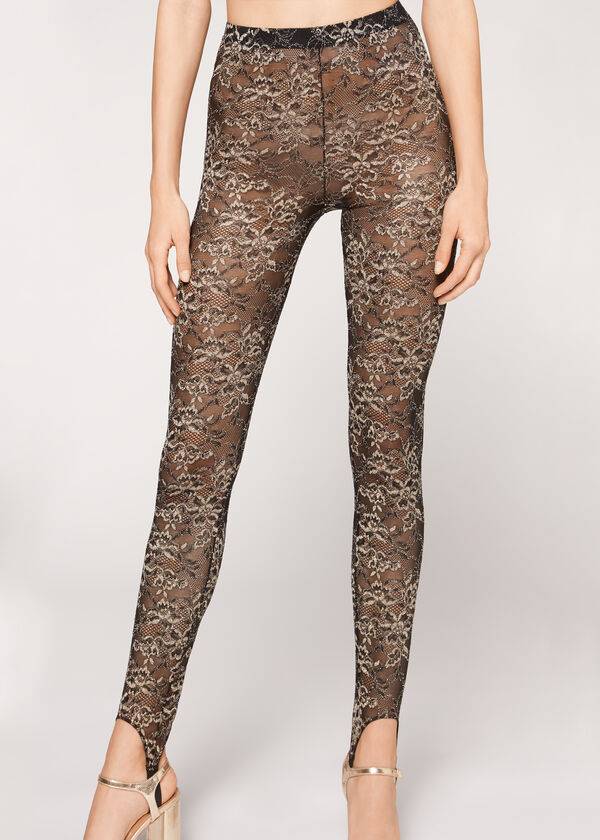 Calzedonia Glitter Kanten Stirrup Leggings Dames Bruin Zwart | NL1536TV