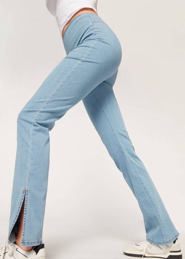 Calzedonia High-Taille Flared in Denim with Slits Leggings Dames Blauw | NL1531MA