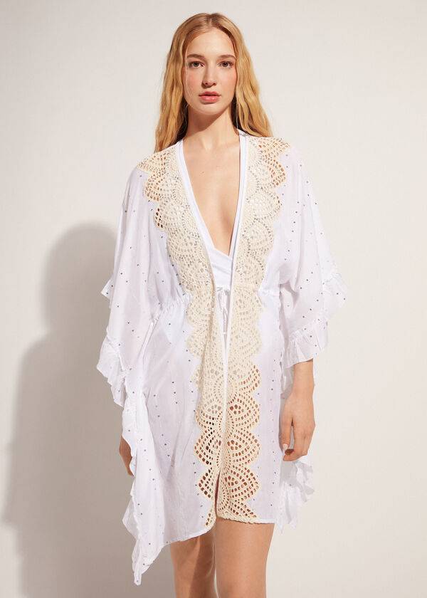 Calzedonia Kimono Caftan with Sangallo Kanten and Sequins Cover-ups Dames Wit | NL2106EX