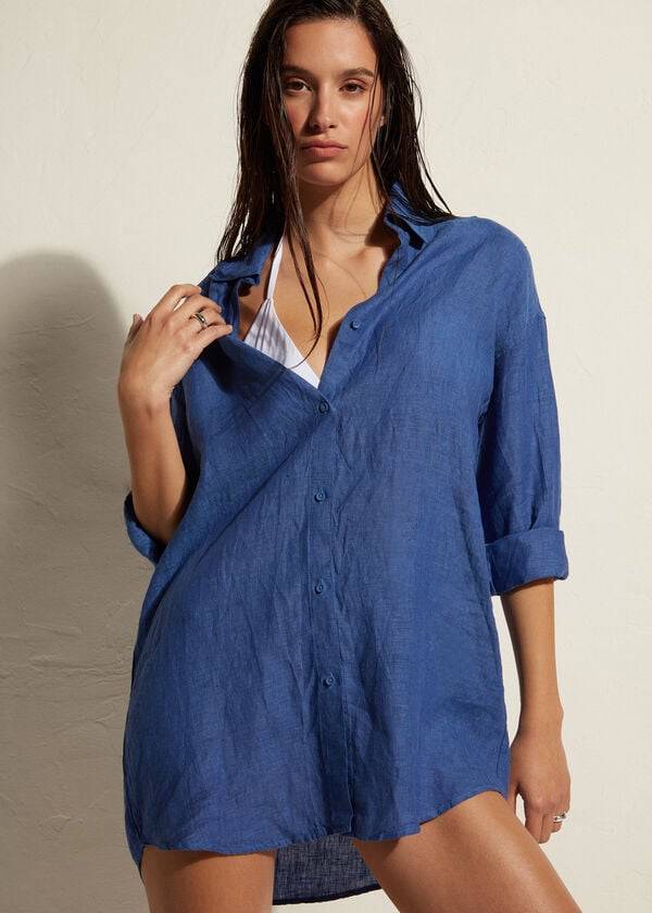 Calzedonia Linen Shirt Cover-ups Dames Blauw | NL2100VD