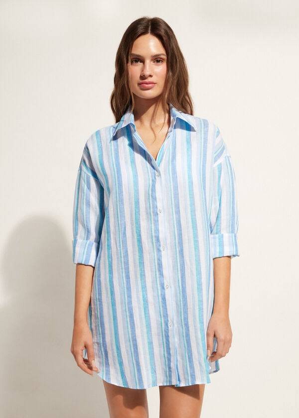 Calzedonia Linen Shirt Cover-ups Dames Blauw Wit | NL2101BC