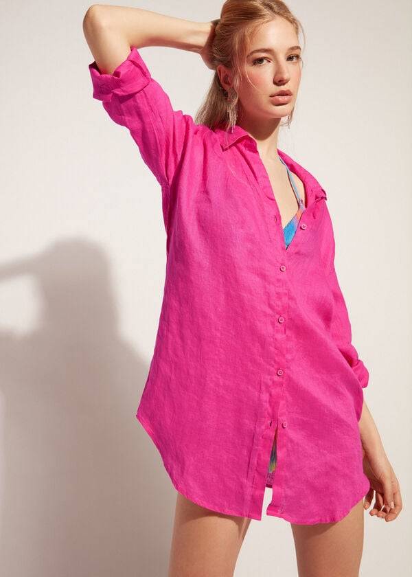 Calzedonia Linen Shirt Cover-ups Dames Roze | NL2095KI