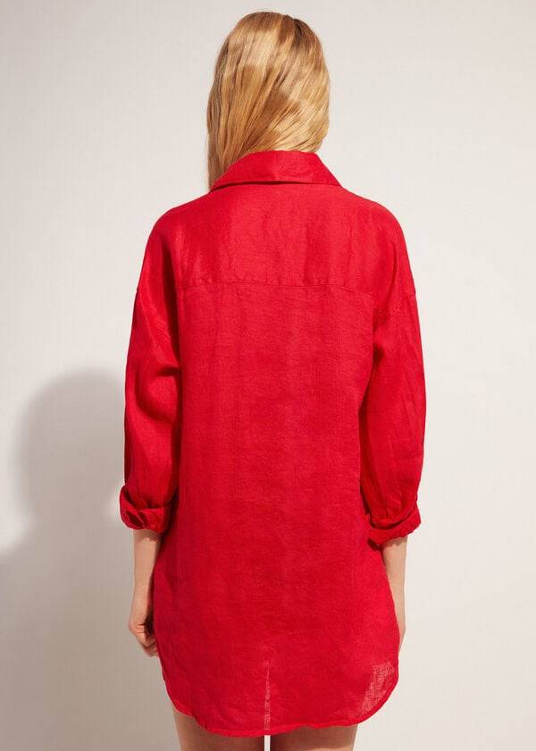 Calzedonia Linen Shirt Cover-ups Dames Rood | NL2096LH