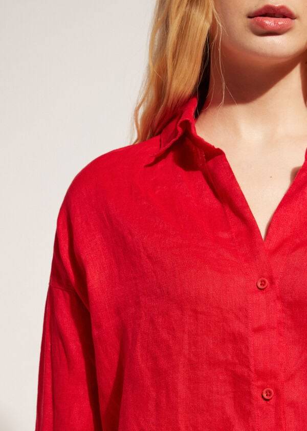 Calzedonia Linen Shirt Cover-ups Dames Rood | NL2096LH