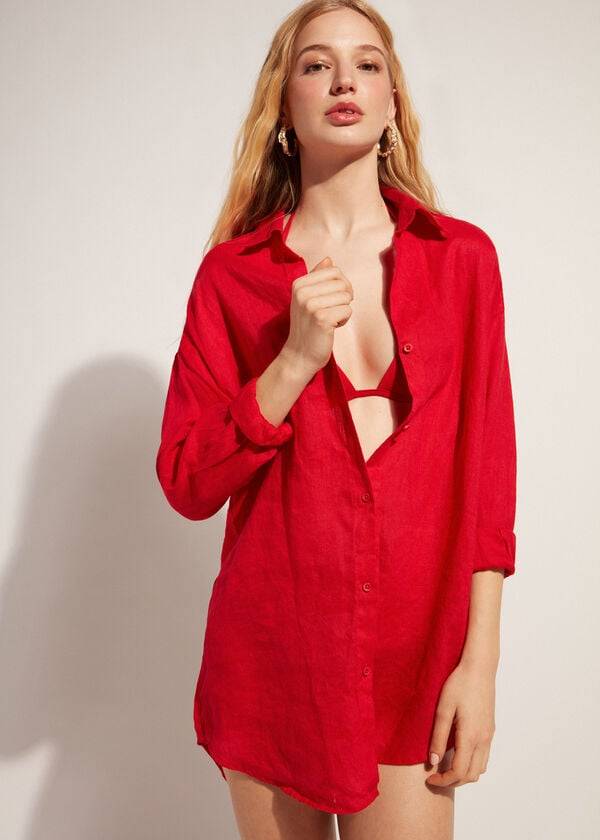 Calzedonia Linen Shirt Cover-ups Dames Rood | NL2096LH