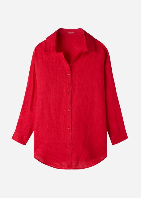 Calzedonia Linen Shirt Cover-ups Dames Rood | NL2096LH