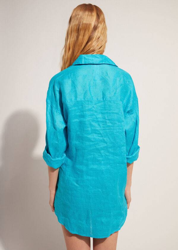 Calzedonia Linen Shirt Cover-ups Dames Turquoise Groen | NL2097ZG