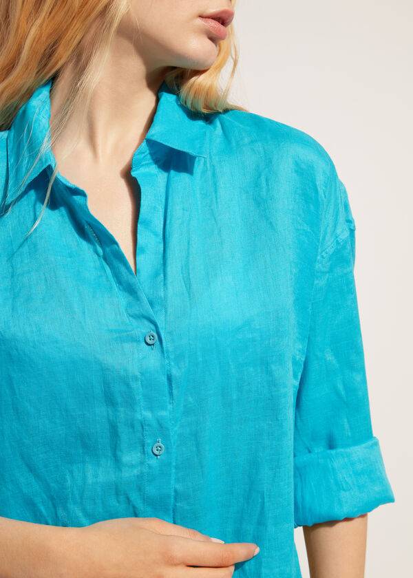 Calzedonia Linen Shirt Cover-ups Dames Turquoise Groen | NL2097ZG