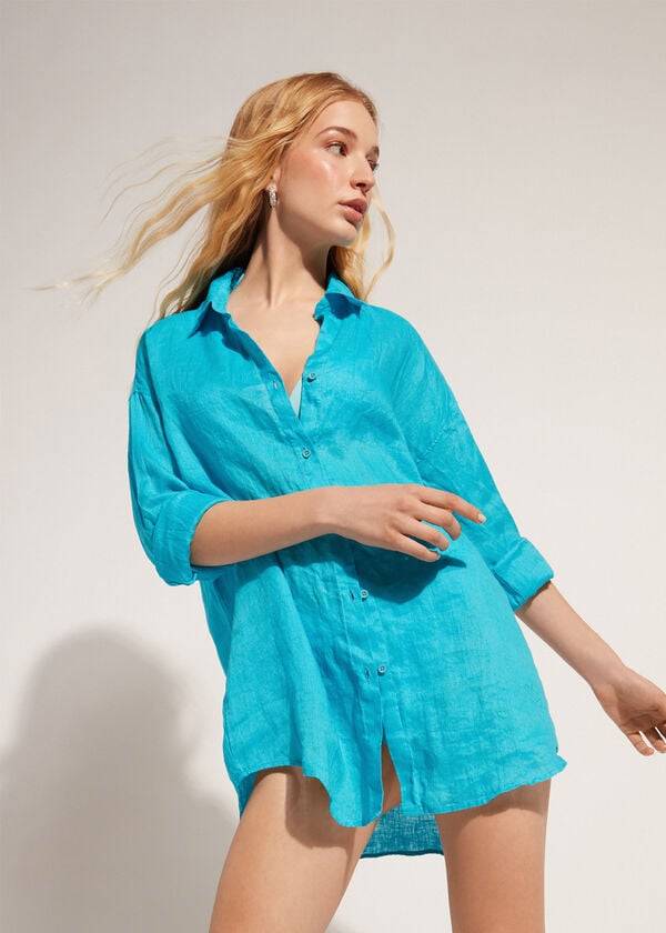 Calzedonia Linen Shirt Cover-ups Dames Turquoise Groen | NL2097ZG