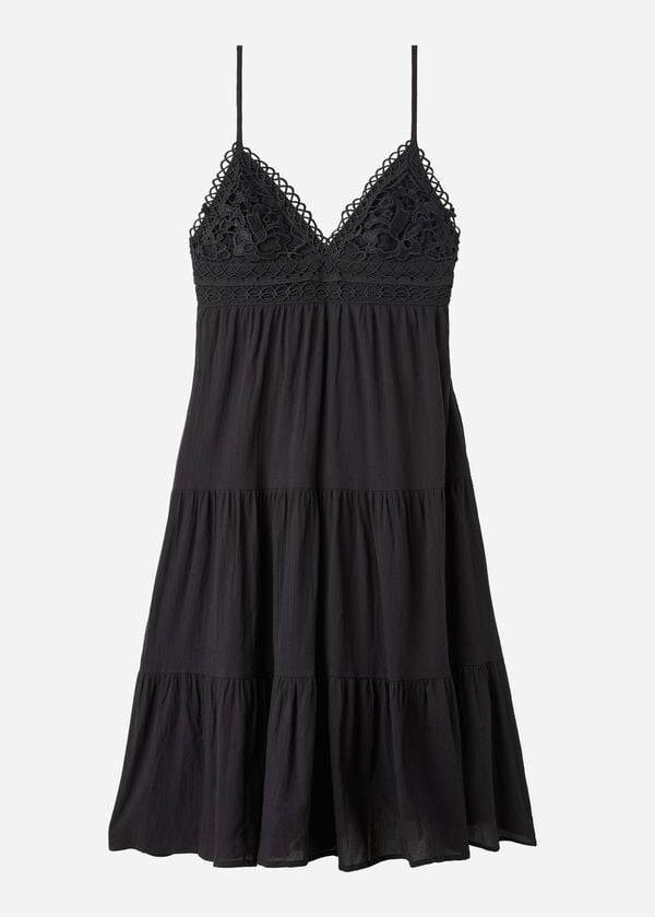 Calzedonia Midi Jurken in Macramé Kanten and Ruffled Skirt Cover-ups Dames Zwart | NL2086OR