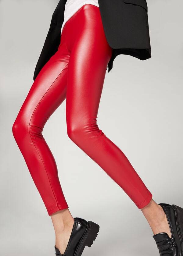 Calzedonia Thermal Leren Effect Leggings Dames Rood | NL1492DN