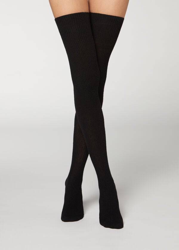 Calzedonia Thigh High Socks with Open Knit Wol Kousen Dames Zwart | NL2921WY